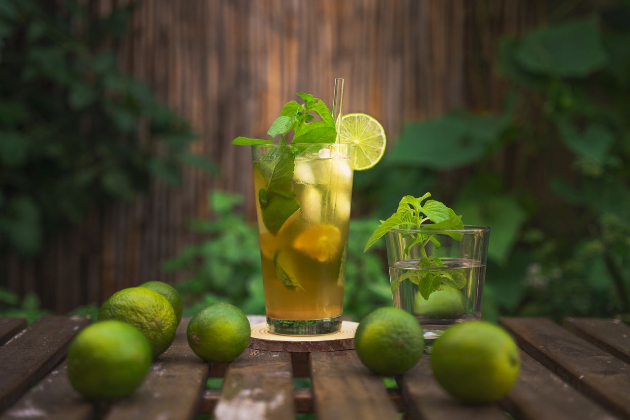 Fresh lime cocktail with mint leaves and ice, perfect for summer refreshment.